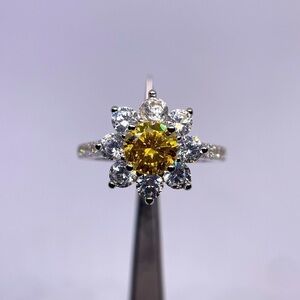 Moissanite Canary Yellow Ring Unique Flower Design 925 18k Brilliant Round GRA